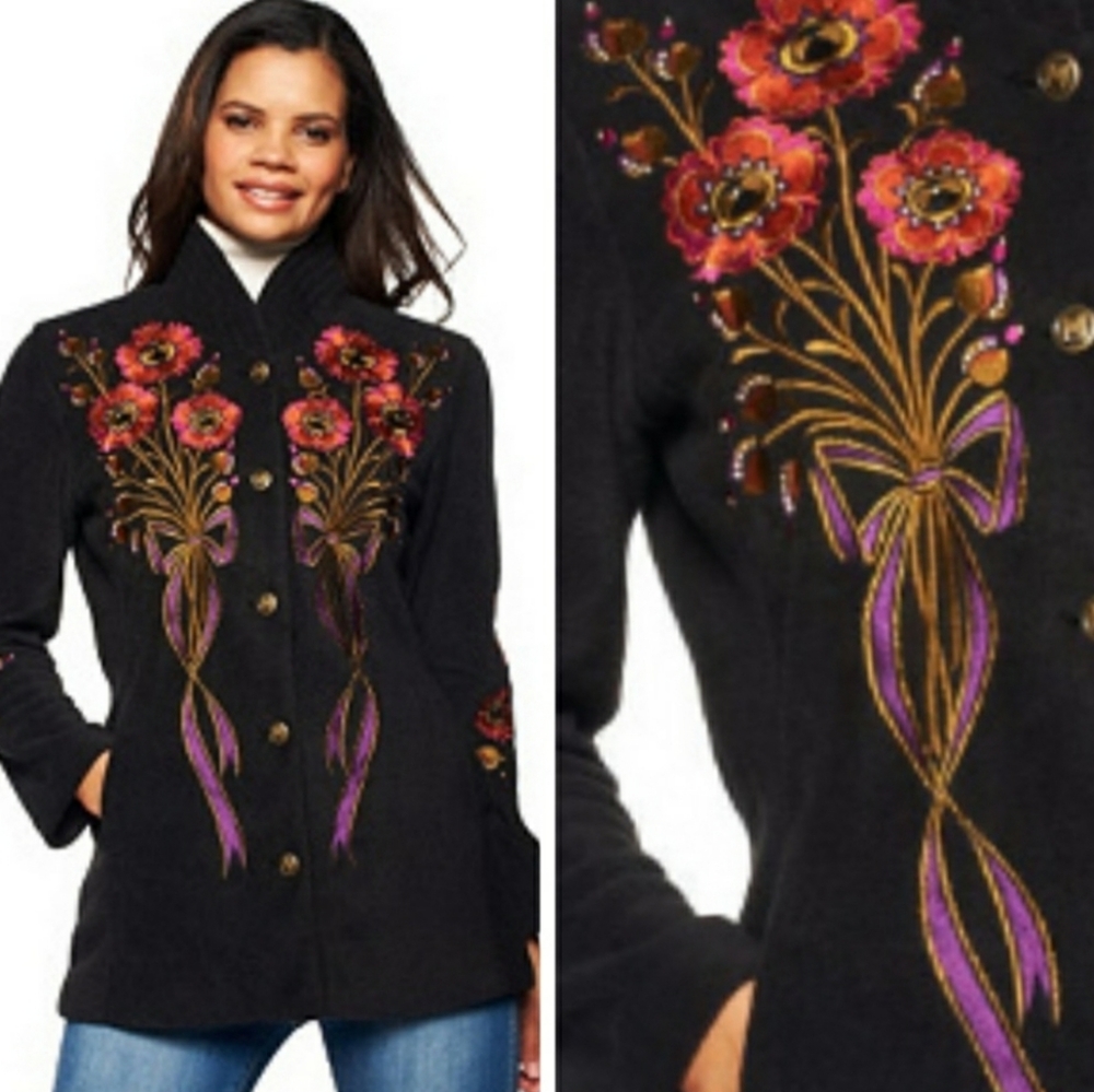 Bob Mackie Fleece Floral Embroidered Coat 2X
